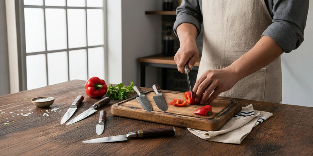 Meat is cut with Asian Santoku knife in the kitchen