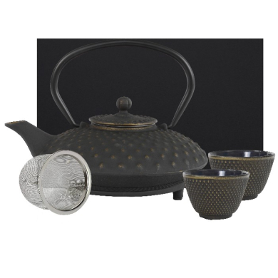 teeblume cast iron teapot set, Kambin, 0,9 litre, with strainer, coaster and 2 mugs in a gift box- different colours