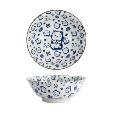 Ramen Bowl Kawaii Lucky Cat Neko Blue, White, Porcelain, 1 L