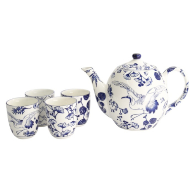 Teekanne mit 4 Teebechern Flora Japonica Blau/Weiß, 5-teilig, Porzellan, 1,3 L, Art.-Nr. 16733