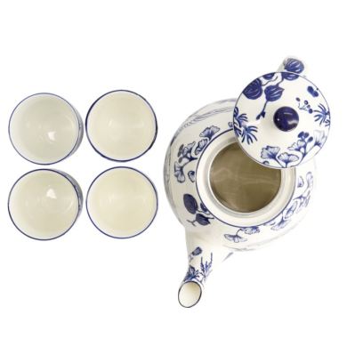 Teekanne mit 4 Teebechern Flora Japonica Blau/Weiß, 5-teilig, Porzellan, 1,3 L, Art.-Nr. 16733