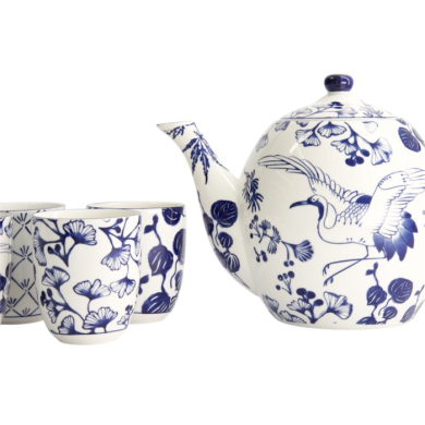 Teekanne mit 4 Teebechern Flora Japonica Blau/Weiß, 5-teilig, Porzellan, 1,3 L, Art.-Nr. 16733