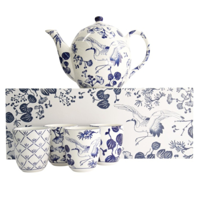 Teekanne mit 4 Teebechern Flora Japonica Blau/Weiß, 5-teilig, Porzellan, 1,3 L, Art.-Nr. 16733