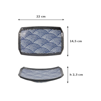 Sushi Plate Aisai Seigaiha Blue, Ceramic, 22 × 14.5 × 2.3 cm, Item No. 18585