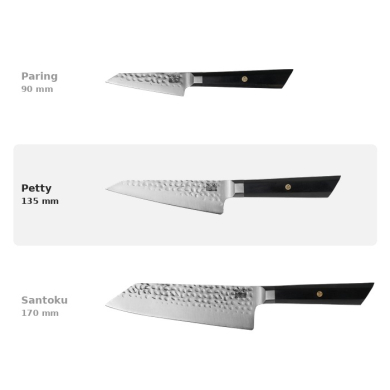 Petty Bunka Knife (small all-purpose knife) Kotai, 440C high-carbon stainless steel (1.4125), Hammered finish, blade 13.5 cm, handle in Wood, in a Bamboo box, Item No. 20850