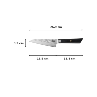 Petty Bunka Knife (small all-purpose knife) Kotai, 440C high-carbon stainless steel (1.4125), Hammered finish, blade 13.5 cm, handle in Wood, in a Bamboo box, Item No. 20850