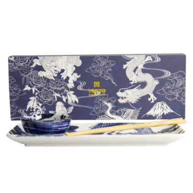 TDS, Sushi Geshenkset mit Essstäbchen, Japonism Dragon, Blau, 3tlg, 28,5x14cm + 9x3cm, Art.-Nr. 21520