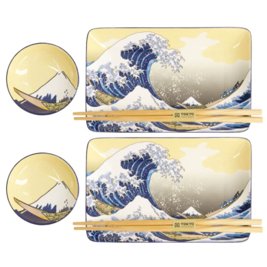 Sushi Set Kawaii Hokusai Blue, White, 6pcs, Porcelain, Item No. 21679