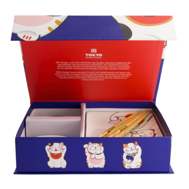 Sushi Set Kawaii Lucky Cat White, Blue, 6pcs, Porcelain, Item No. 21691