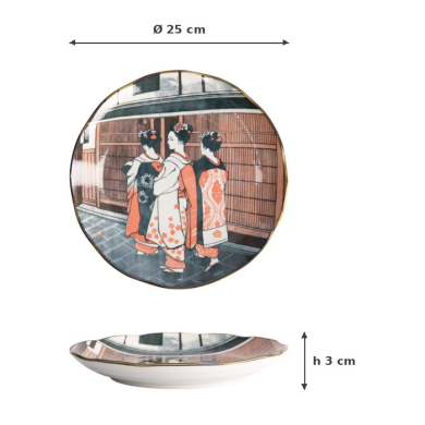 Plate Asakusa Geisha White, Red, Black, Porcelain, Ø 25 cm, Item No. 21788