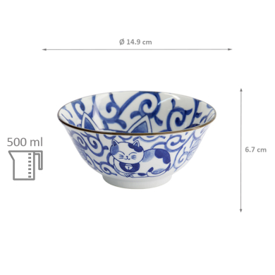 TDS, Tayo Bowl, Kawaii Cat Neko, Blue, Ø 14.9x6.7cm 500ml, Item No. 33414