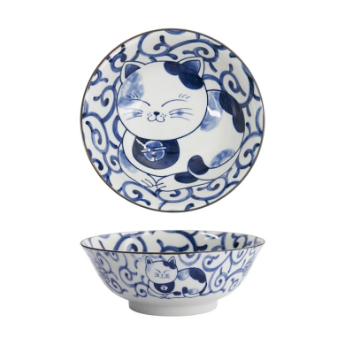 Ramen Bowl Kawaii Cat Neko Blue, Porcelain, 1 L
