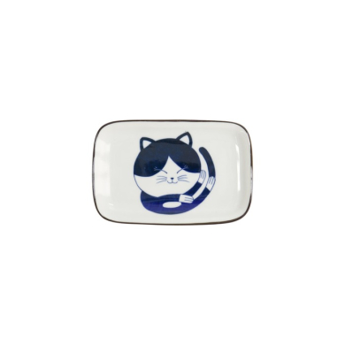 Rechteckiger Teller Kawaii Cat Neko D Blau/Weiß, Porzellan, 16,3 × 10,2 cm, Art.-Nr. 33495