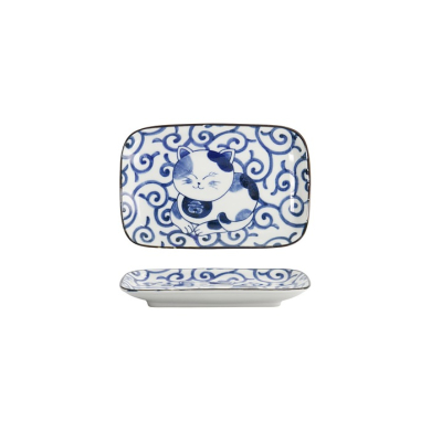 Rechteckiger Teller Kawaii Cat Neko E Blau/Wei&szlig;, Porzellan, 16,3 &times; 10,2 cm
