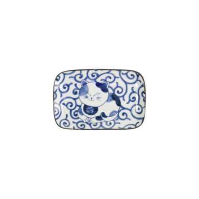 Rechteckiger Teller Kawaii Cat Neko E Blau/Weiß, Porzellan, 16,3 × 10,2 cm, Art.-Nr. 33498