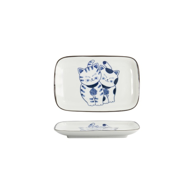 Rechteckiger Teller Kawaii Cat Neko G Blau/Wei&szlig;, Porzellan, 16,3 &times; 10,2 cm