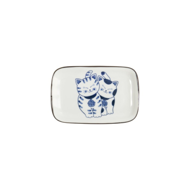 Rechteckiger Teller Kawaii Cat Neko G Blau/Weiß, Porzellan, 16,3 × 10,2 cm, Art.-Nr. 33504