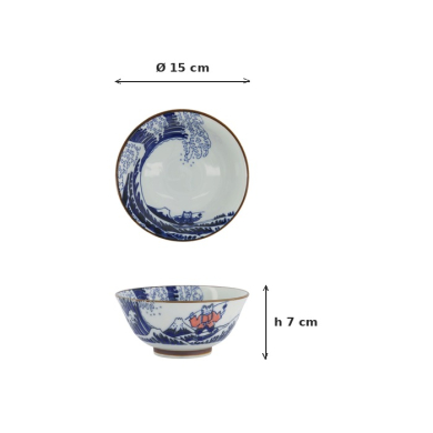 Tayo-Schale Kawaii Wave Cat Blau/Rot, Porzellan, Ø 15 cm, Art.-Nr. 33598