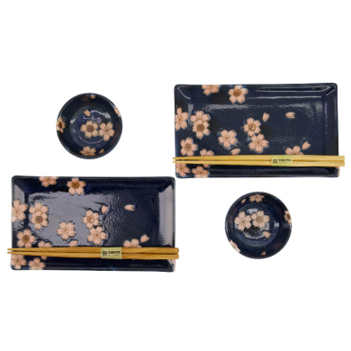 TDS, Sushi Set, Sakura, mit Chopsticks, 6tlg, Navy, 22x13x2cm & 8,5x3,4cm, Art.-Nr. 33759