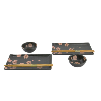 TDS, Sushi Set, Sakura, mit Chopsticks, 6tlg, Schwarz, 22x13x2cm & 8,5x3,4cm, Art.-Nr. 33760