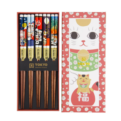 TDS, Chopstick Set, Lucky Cats, 5 pair, 22,5 cm, Item No. 4603