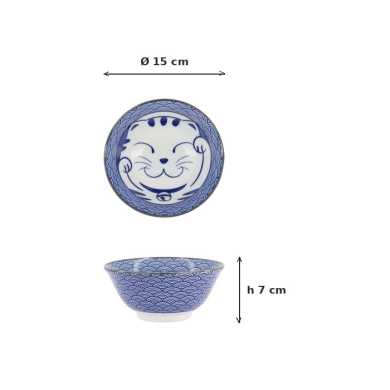 Tayo Bowl Kawaii Lucky Cat Neko Seikaiha-Neko Blue, Porcelain, 550 ml, Item No. 617607