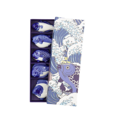 Chopstick Rest Set Kawaii Fish Blue, White, 5 pcs, Porcelain, Item No. 618109
