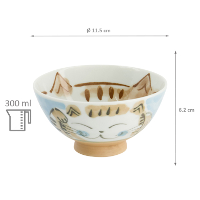 TDS, Rice Bowl, Fuku Cat Neko, Kawaii, Blue Ø 11.5x6.2 cm, 300ml - Item No: 16298