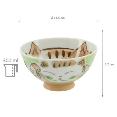 TDS, Rice Bowl, Fuku Cat Neko, Kawaii, Green Ø 11.5x6.2 cm, 300ml - Item No: 16300