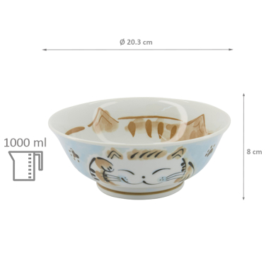 Rice Bowl Fuku Cat Neko Kawaii Blue, Porcelain, 1 l, Item No. 16903