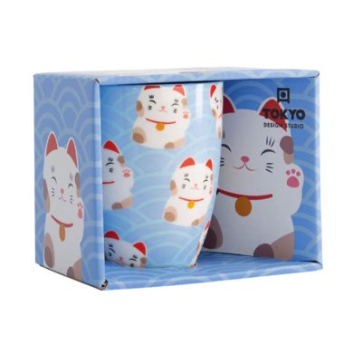 TDS, Kawaii Glückliche Katze Tasse in Geschenkbox, Weiß/Schwarz Katze, 380ml, Ø 8,5x10,2cm , Item No. 21533
