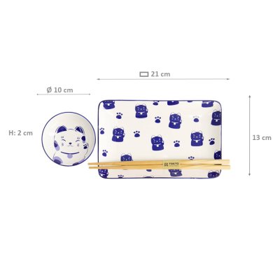 TDS, Kawaii-Blue Maneko Sushi-Teller-Geschenkset, 4-tlg. mit Essstäbchen, Art.-Nr. 21671  