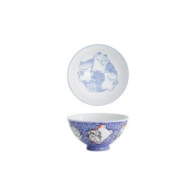 Rice Bowl Kawaii Karakusa Lucky Cat Blue, Porcelain, &Oslash; 11.5 cm