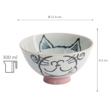 TDS, Rice Bowl, Kawaii Neko Cat, Pink, Ø 11.5 x 6.2cm 300ml - Item No. 2343