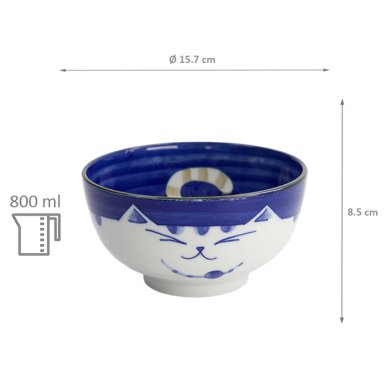 TDS, Rice Bowl, Kawaii Cat Neko, Blue, Ø 16 cm 800 ml - Item No. 2469