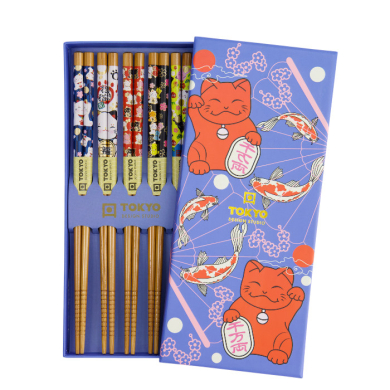 Chopstick Set Lucky Cat/Carp Red, Blue, 5 pairs, Bamboo