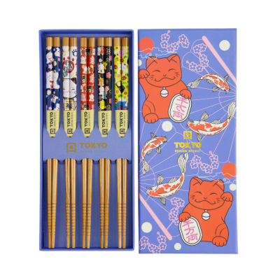 Chopstick Set Lucky Cat/Carp Red, Blue, 5 pairs, Bamboo, Item No. 33454