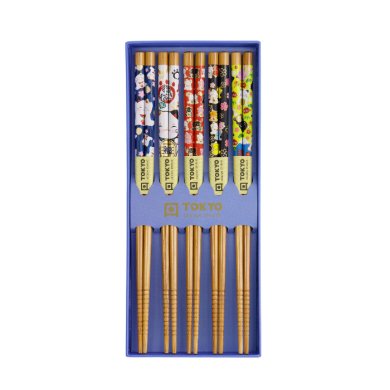 Chopstick Set Lucky Cat/Carp Red, Blue, 5 pairs, Bamboo, Item No. 33454