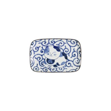 Rectangular Plate Kawaii Cat Neko E Blue, White, Porcelain, 16.3 × 10.2 cm, Item No. 33498