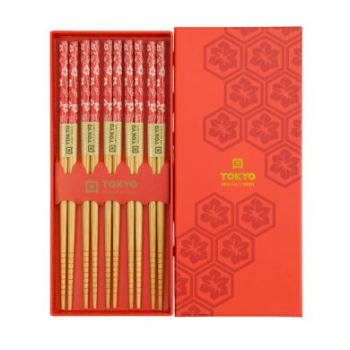 Chopstick Set Red Leaf, 5 pairs, Bamboo, Item No. 33643
