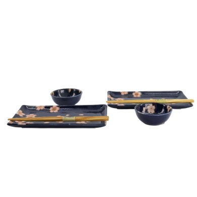 TDS, Sushi Set, Sakura, w/Chopsticks, Navy, 6pcs, 22x13x2cm & 8.5x3.4cm, Item No. 33759