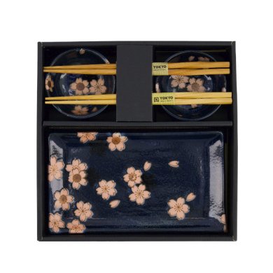 TDS, Sushi Set, Sakura, w/Chopsticks, Navy, 6pcs, 22x13x2cm & 8.5x3.4cm, Item No. 33759