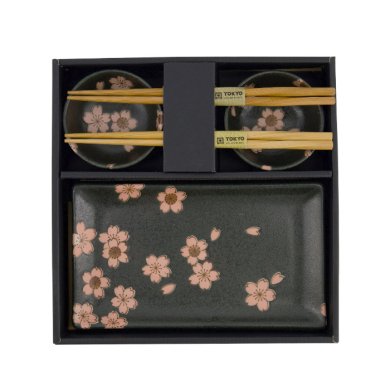 TDS, Sushi Set, Sakura, w/Chopsticks, Black, 6-piece set, 22x13x2cm & 8.5x3.4cm, Item No. 33760