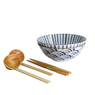 TDS, Ramen Bowl Giftset, Natsu,  6 Pcs, Blue/White, Ø 21x7.8cm 1000ml, Item No. 33781