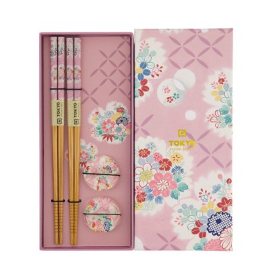 TDS, Chopstick Set, Pink Flower, with chopstick rests, 2 pair, Item No. 33921
