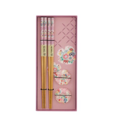 TDS, Chopstick Set, Pink Flower, with chopstick rests, 2 pair, Item No. 33921