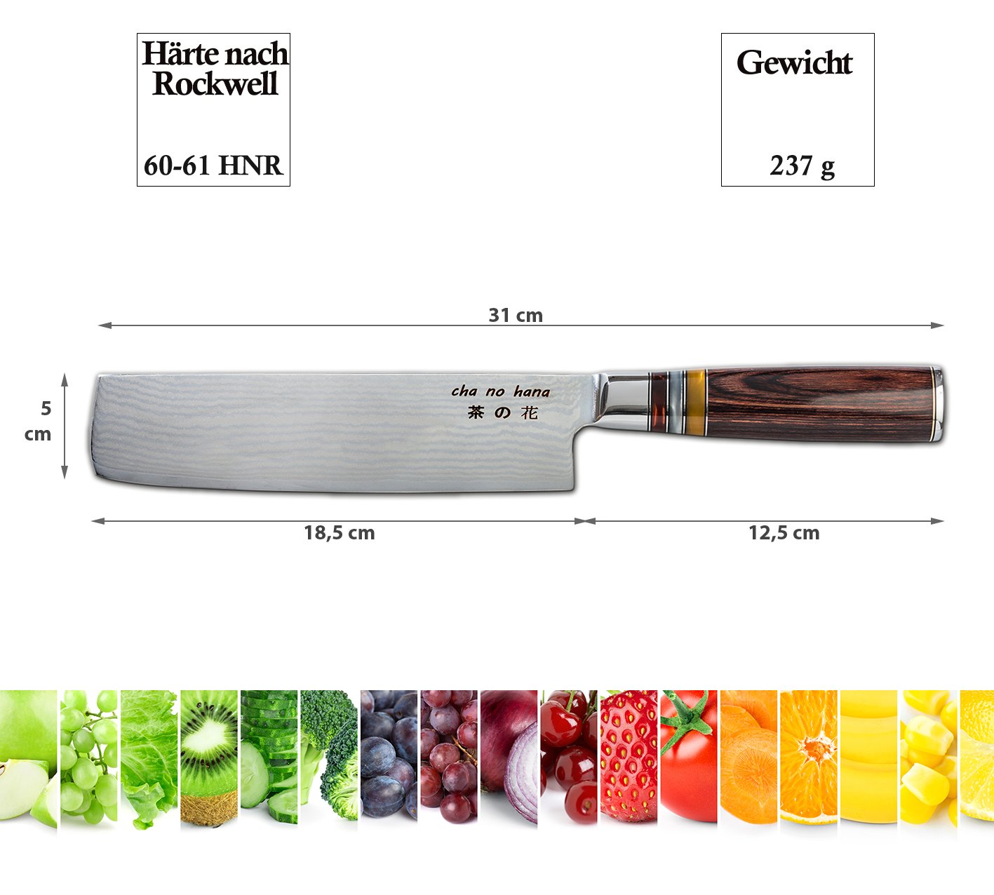 Nakiri Knife with 3 acryl-circles (vegetable knife), 31 cm with