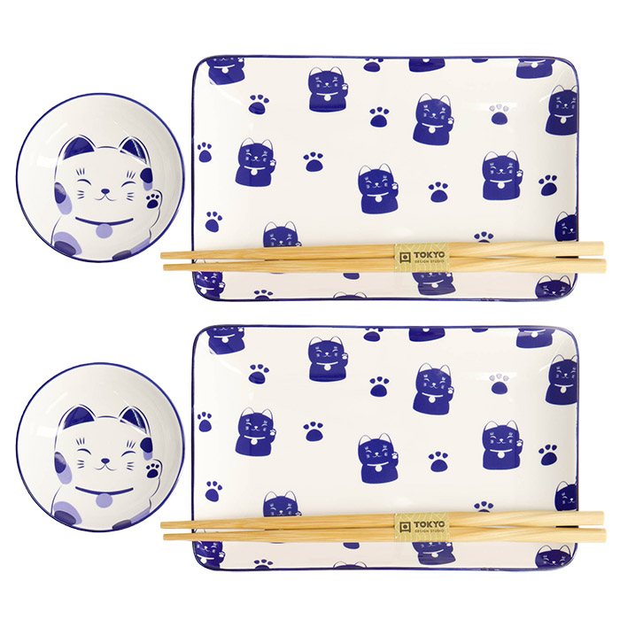 Kawaii Blue Maneko Sushi Plate Giftset, 4 w/Chopsticks, Item No. 21671 - TDS