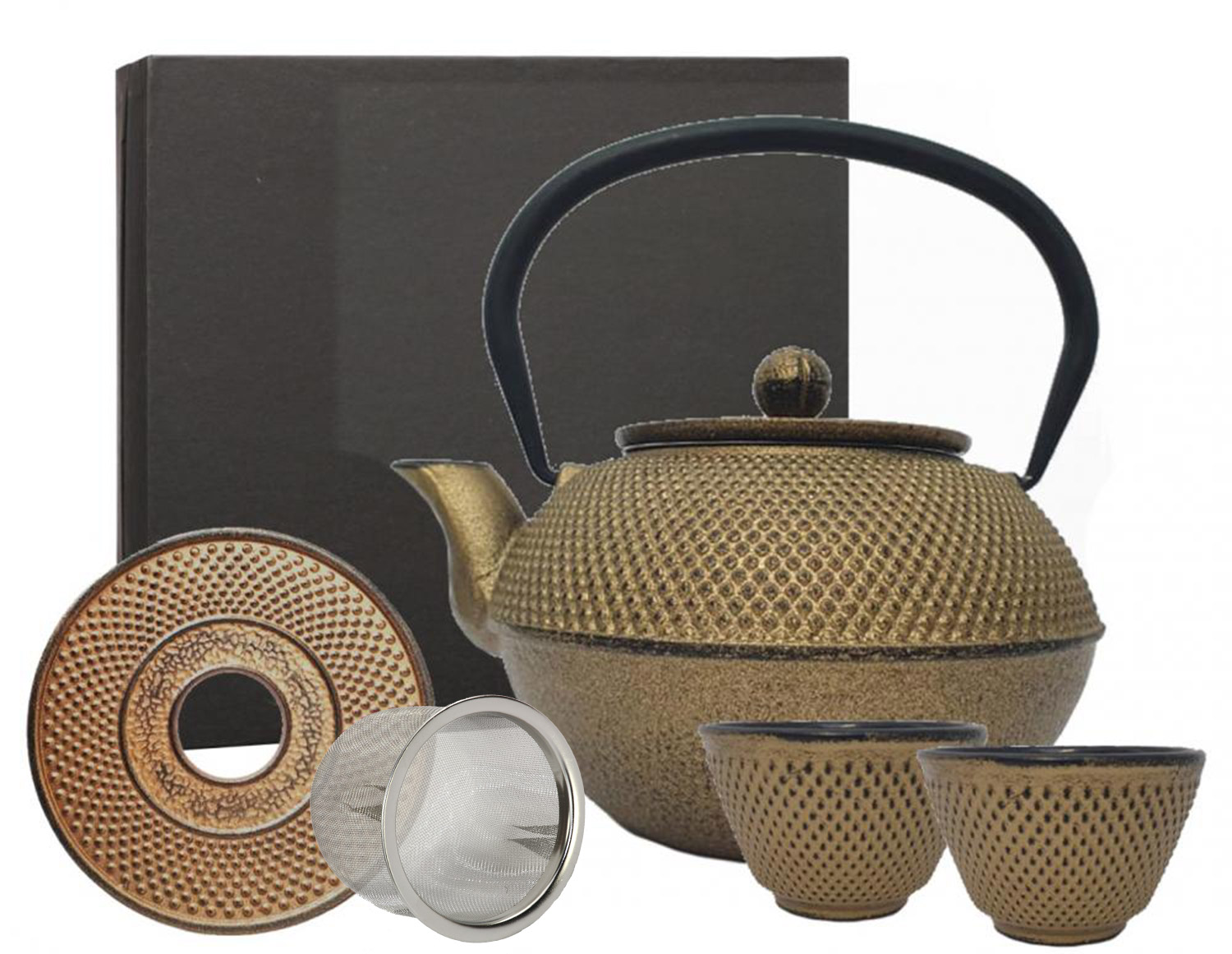 teeblume Gusseisen Teekannen Set, Arare, 0,9 Liter, mit Sieb, Untersetzer  und 2 Becher in einer Geschenkbox verschiedene Farben | Tokyo Design Studio