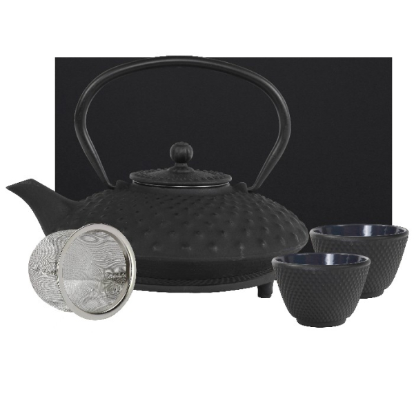 teeblume cast iron teapot set, Kambin, 0,9 litre, with strainer, coaster and 2 mugs in a gift box- different colours